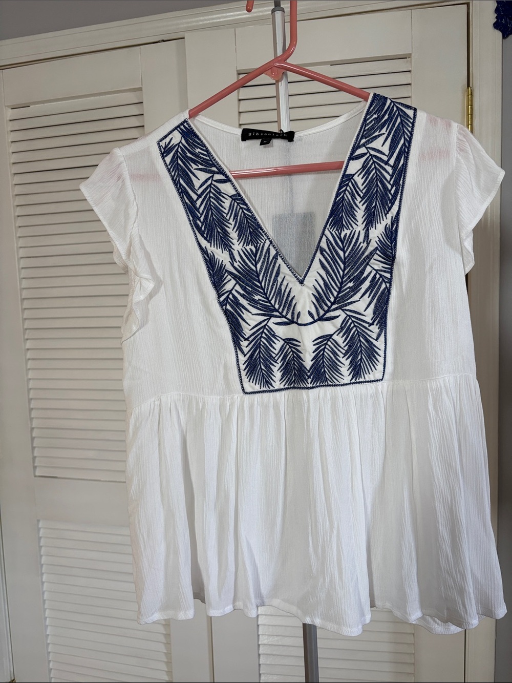 White V-Neck Tunic with Navy Embroidered Yoke